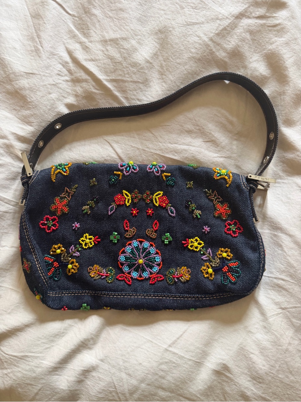 ✨NEVER USED ! Fendi Navy Denim Embroidered Shoulder Bag with Multicolor Beading - Picture 2 of 6